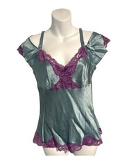 Vintage Y2K Coquette Blue Silk Cami Blouse With Lace Size Small Romance Fairy