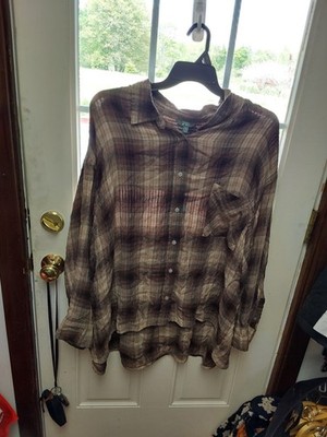 Nwt Terra And Sky Womens Plus Button Front Woven Shirt Brown Plaid 4x