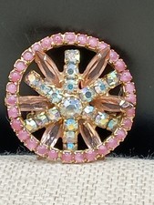 Vintage Pink AB Rhinestone Starburst Brooch Pin Navette Bezel Set Gold Tone 1.5"