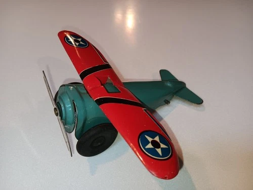 Vintage Teal and Red Marx Tin Toy Airplane Aircraft Toy