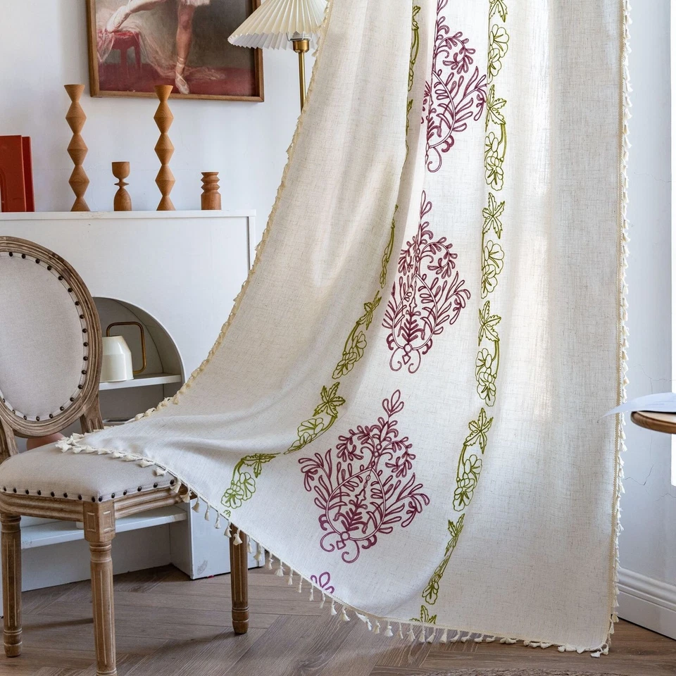 Elegantes cortinas de algodón y lino con bordado floral damasco Foto 2 de 4