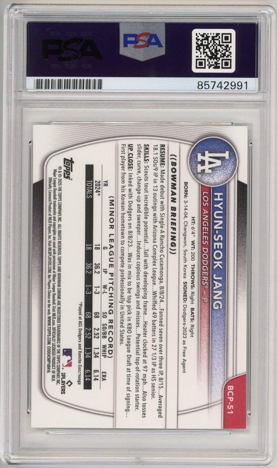 2025 1st Bowman Chrome Hyun-Seok Jang IP Auto BCP-51 PSA DNA AUTHENTIC Dodgers view 8
