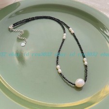 Faceted 3mm Round Black Spinel White Natural Freshwater Pearl Necklace 14-32"