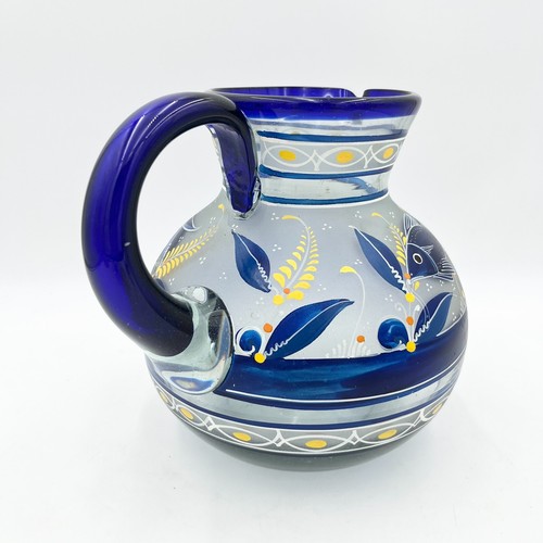 Mexican Art Glass Hand Blown Painted Pitcher Blue Fish Floral Theme Large Jug - Picture 7 of 16