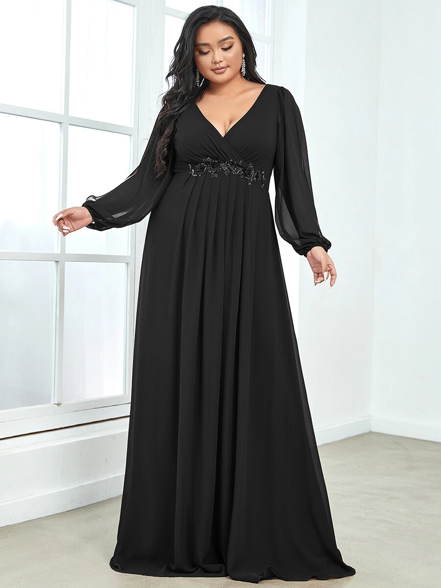 Plus Size Elegant Chiffon V-Neckline Long Sleeve Formal Evening Dress