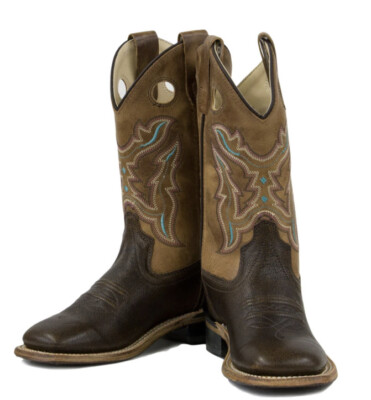 Old West Cowboy Boots Boys Leather Fancy Stitch Brown Tan Fry