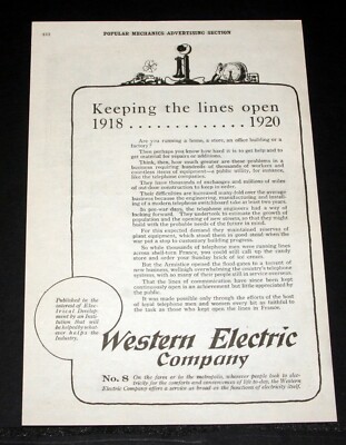 1920 OLD MAGAZINE PRINT AD, WESTERN ELECTRIC, KEEPING THE TELEPHONE LINES OPEN!