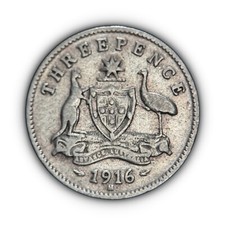 AUSTRALIA. 1916, Threepence, Silver - KGV, 3 Pence, Melbourne, Kangaroo Emu