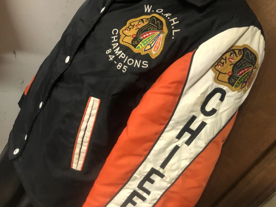 Chaqueta de hockey de ligas menores parche Chicago Blackhawks de colección años 80 AYR Chiefs mujer L Foto 2 de 4