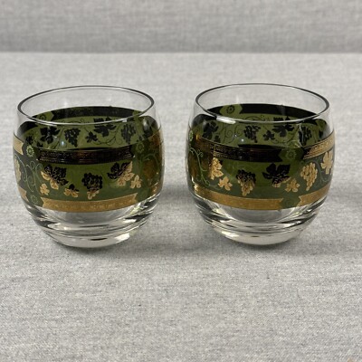 Cera Glass Roly Poly Glass Tumbler  Golden Grapes Green Pattern Vintage Barware
