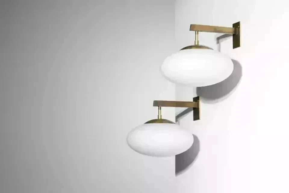 Mid Century Pair Modern Opaline Glass Wall Sconce Industrial Italian Stilnovo - Image 2 of 4