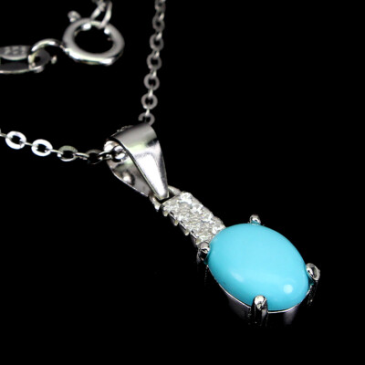 925 Sterling Silver Necklace Oval Turquoise 8x6mm Cz Gemstone