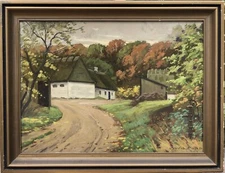 Svend Aage Møller Sommertag Bauernhaus Weg Wald Bäume Garten Dänemark Ölgemälde