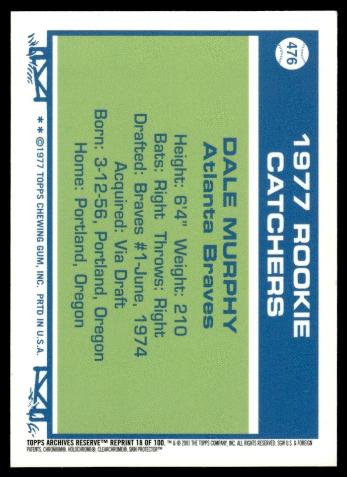 2001 TOPPS ARCHIVES REFRACTOR DALE MURPHYS #476 - Image 2 of 2