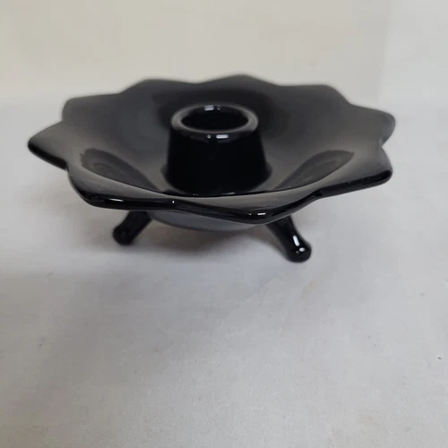 lotus Vintage Black Amethyst Glass Three Footed Candleholder