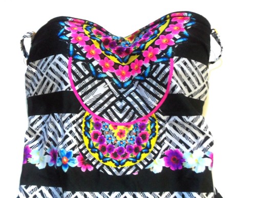 Jessica Simpson Strapless Black & White with Center Floral One Piece Swimsuit M - Picture 3 of 7