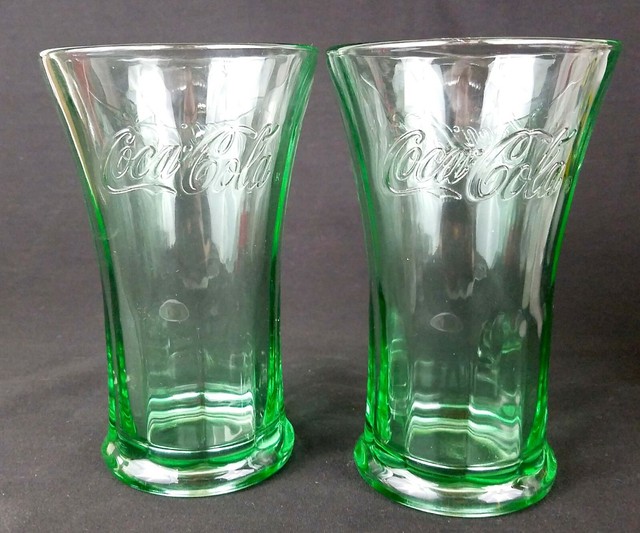 Lot of 2 Vintage 16oz Green Tint Embossed Coca Cola Glass Vase Drinking
