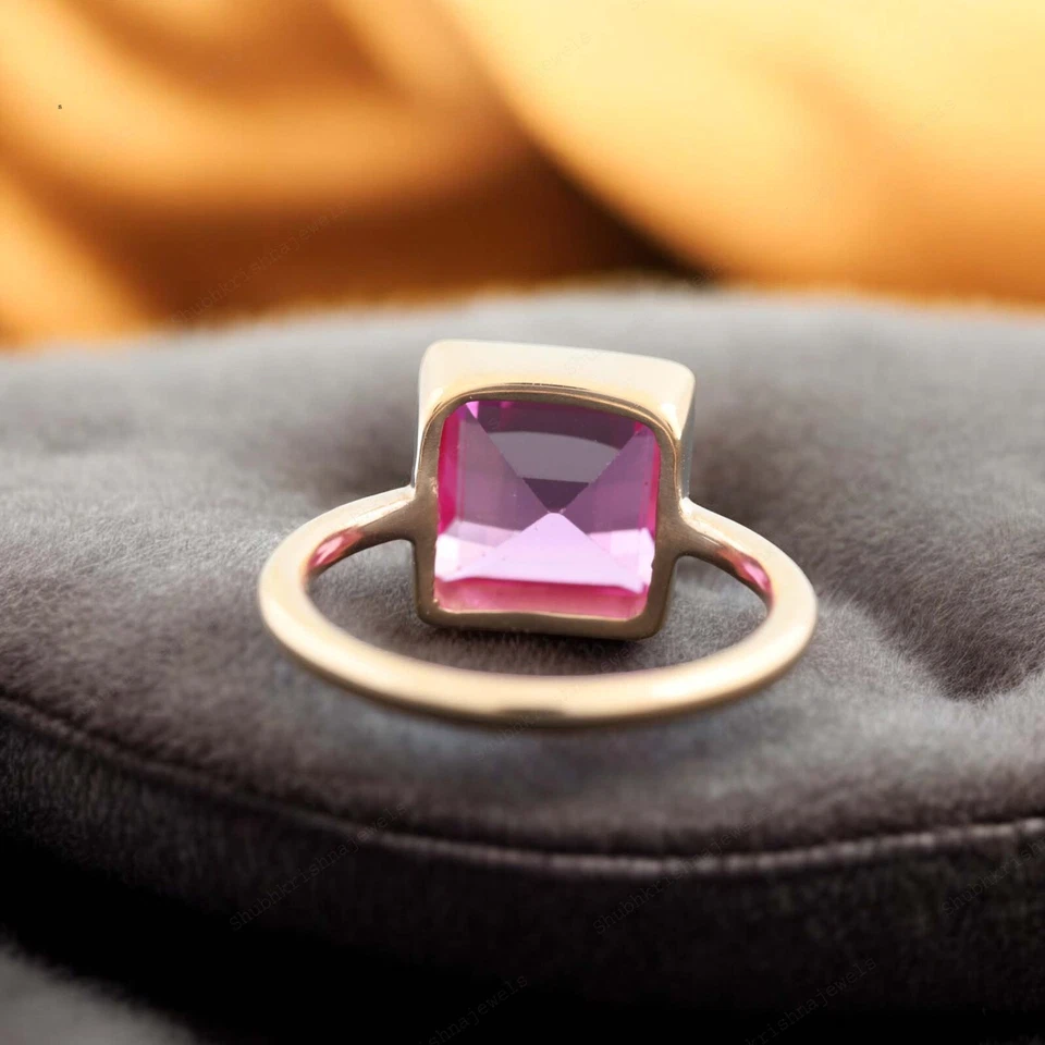 Anillo de compromiso enchapado en oro rosa zafiro corte princesa anillo solitario regalo Foto 4 de 4