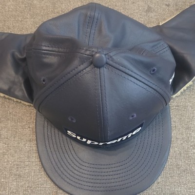 Supreme New Era 59FIFTY Leather Shearling Ear Flap Hat Navy 7 3/8 (58.7cm)