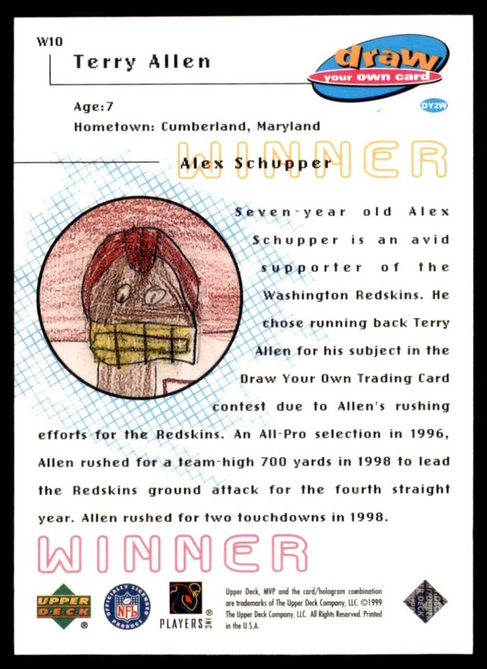 1999 Upper Deck MVP Draw Your Own Card #W10 Terry Allen Redskins - Image 2 of 2