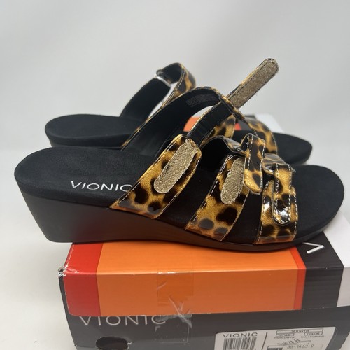 Vionic Women's Adjustable Slide Sandal Orthaheel 8 Wide Dwyn Tan Leopard Strap - Picture 3 of 6