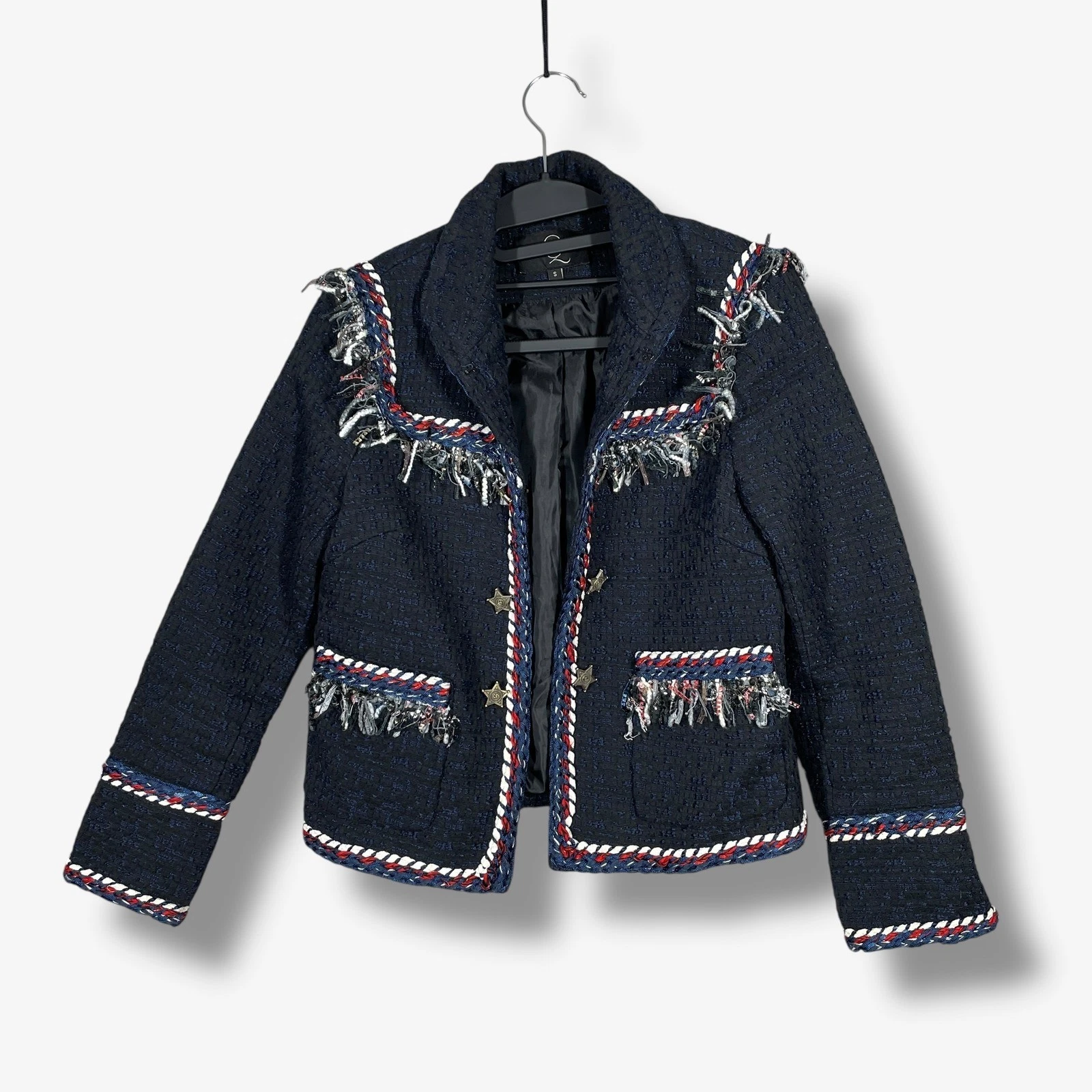 Giacca blazer Alexander McQueen tweed donna S blu frange designer chic testurizzato