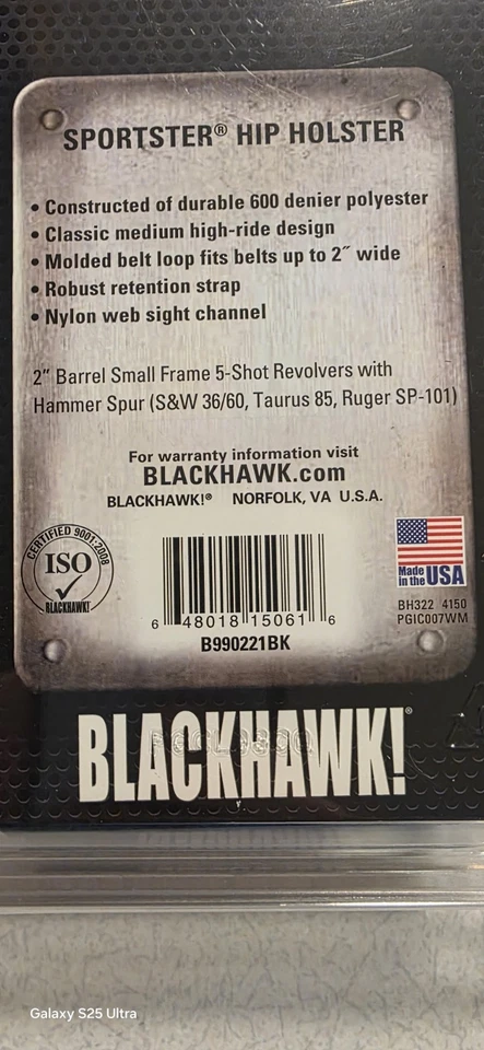 NEW Blackhawk 2” 5-SHOT REVOLVER Sportster OWB Hip Holster BLACK RIGHT - Image 3 of 3
