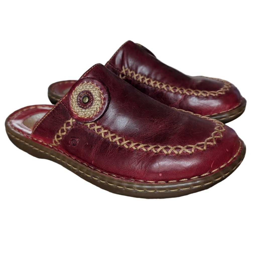 Born Opanka Stitch Leather Slip On Mule Clog Sandal Red Women's 7