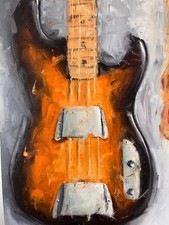 Abstract Bass Guitar Oil Painting On Board Original Signed Artwork Fender Music