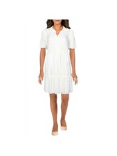 KENSIE Womens White Stretch Lined Button Front Short Sleeve Sheath Dress 10