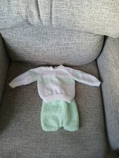 Hand knitted romper set to fit a newborn-mint/white