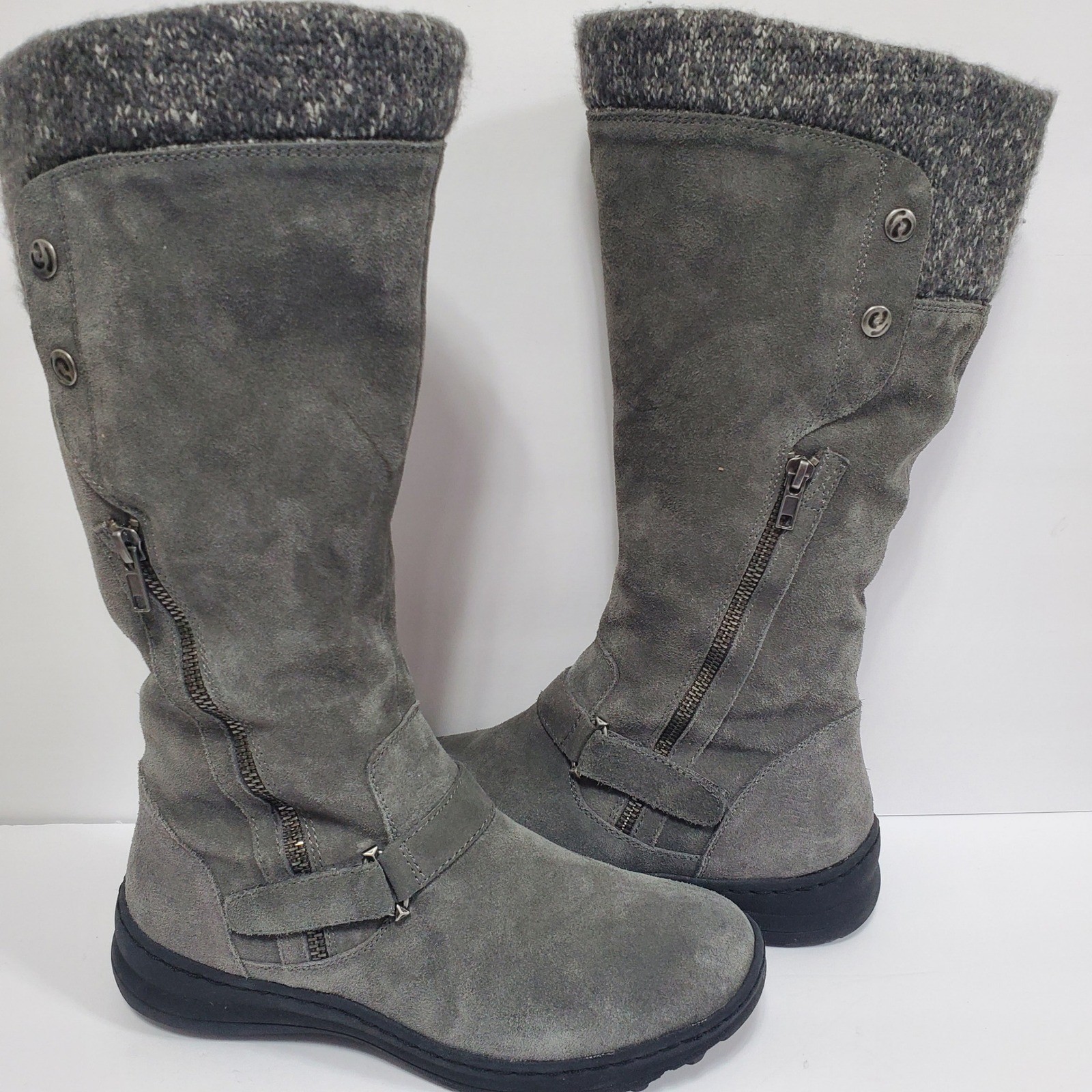 Baretraps Womens 9 Gray Suede Knit Cuff Boots Side Zip Buckle Detail Winter Warm