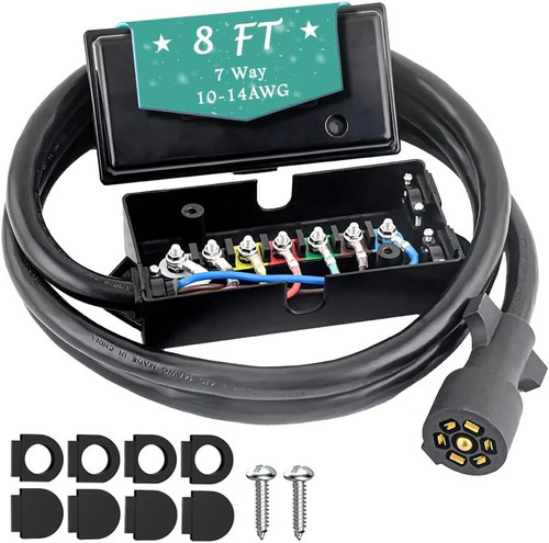 7 Way Plug Inline Pre-Wired Trailer BLACK Cord w/Junction Box 8 Ft ...