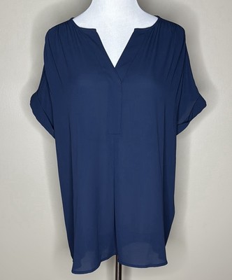 NEW Charter Club womens short sleeve rolled cuff navy blue blouse size M.