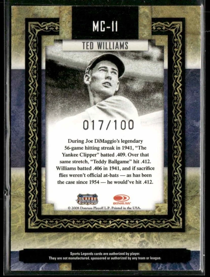 2008 Donruss Sports Legends #MC-11 Ted Williams Museum Collection Gold #/100 - Image 2 of 2