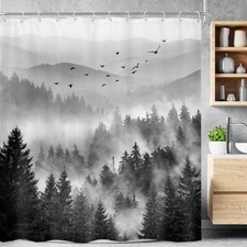 60x72 Inch Black Pine Tree Mountain Shower Curtain Rustic Mens Bathroom Decor