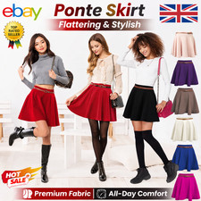 Women Ponte Skirt High Waist A-Line Skater Pleated Mini Stretch Flared Short UK