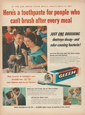 1955 Gleem GL-70 Toothpaste For People Who Can't Brush After Every Meal Print Ad