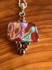 Handcrafted Multicolor 9 Section Fused Dichroic Art Glass Pendant On 925 Silver