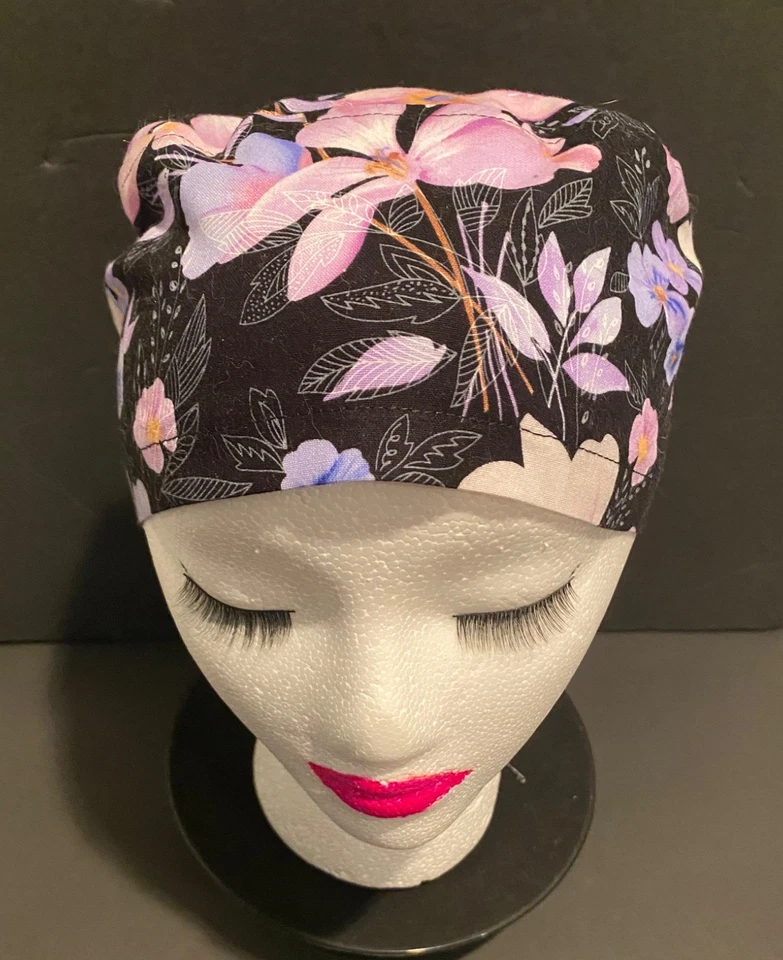 Purple/Pink Flowers Euro Scrub Cap, Satin Tie, Medical, Food Service, Head Cover - Image 4 of 4