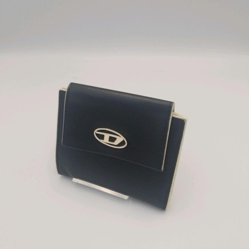 Diesel Hombres Ovalado D Logo Doble Cartera Cuero 11x9.5cm Negro Beige Lujo Compacto - Imagen 11 de 11