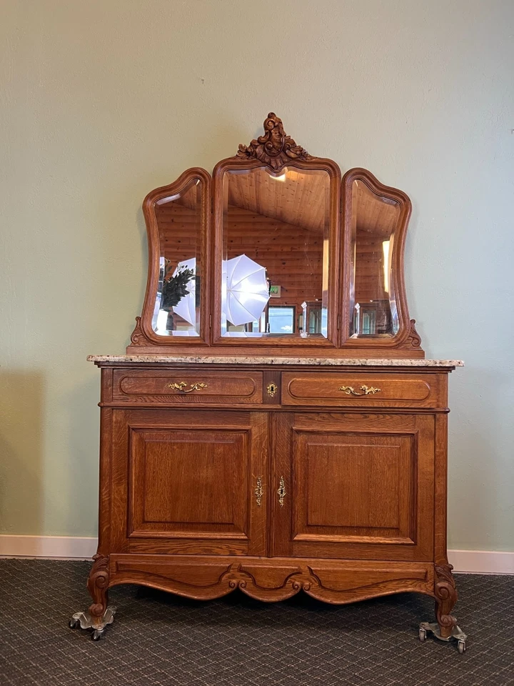 Cómoda vintage de roble belga con espejo y tapa de granito nueva Foto 2 de 4