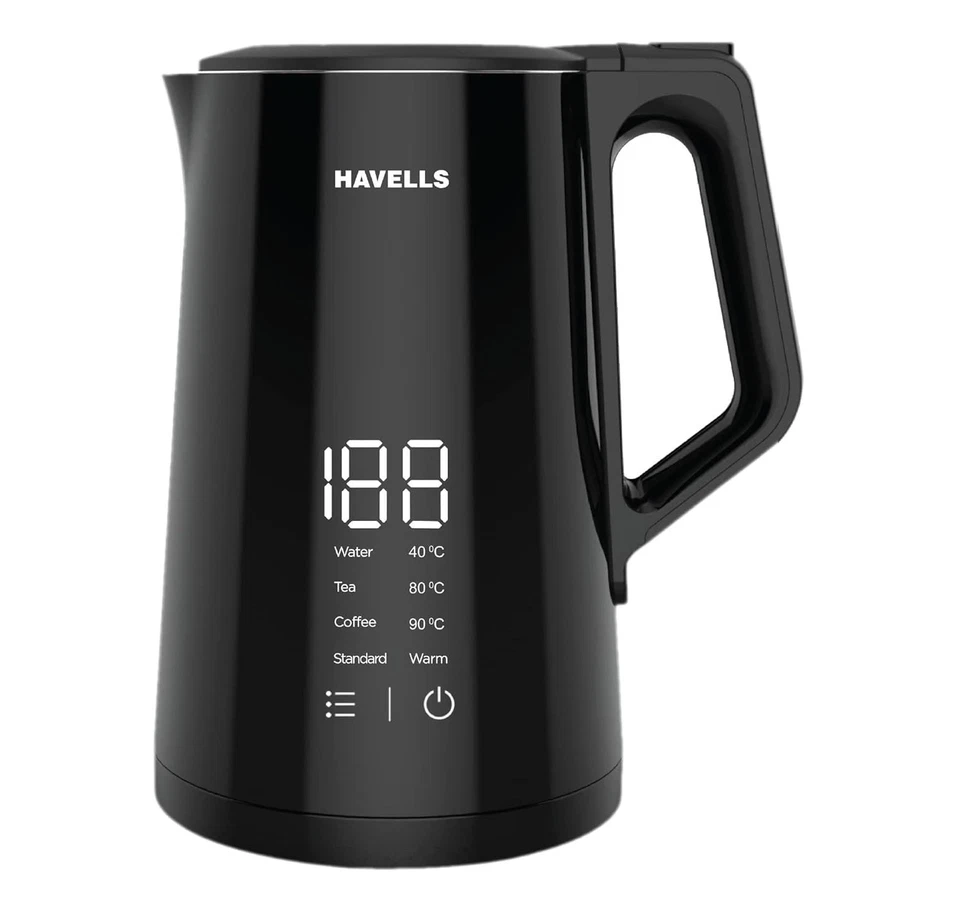 Hervidor de agua digital Havells I-Conic 1,5 litros doble pared 304 acero inoxidable 1600 vatios Foto 2 de 4