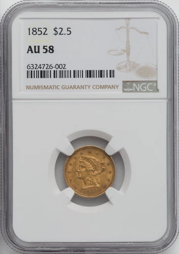 1852  LIBERTY HEAD $2.5 QUARTER EAGLE GOLD NGC AU58