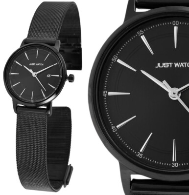 Damen Frauen Uhr 32mm Schwarz Mesh Milanese Milanaise Edelstahl Datum JW10083