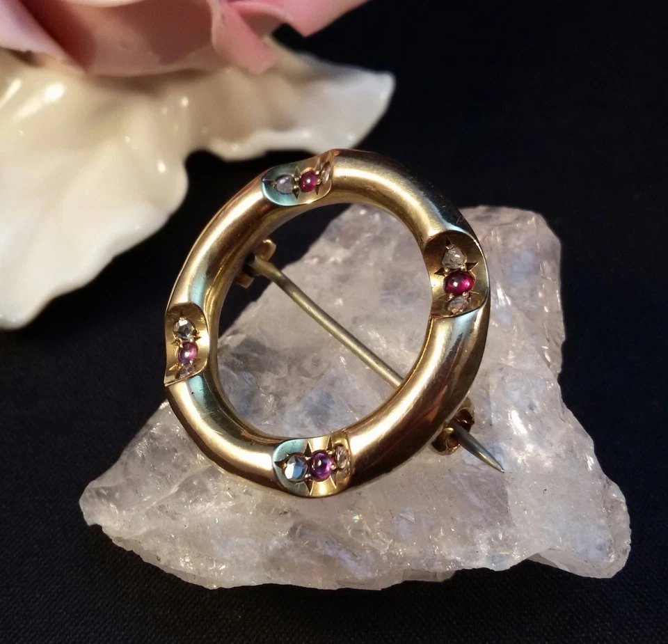 Brosche Anstecknadel 750 Rosegold Antik Granat, 8 Diamanten - Bild 2 von 4