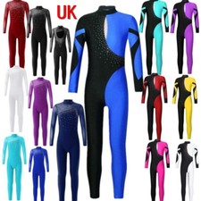 UK Girls Long Sleeve Full Body Catsuit Unitard Ballet Dance Gymnastics Bodysuit