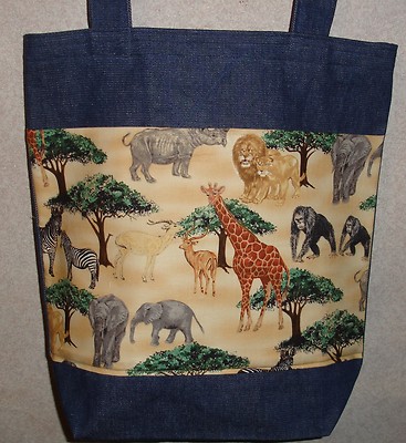 NEW Handmade Large African Wildlife Elephant Giraffe Rhino Denim Tote Bag