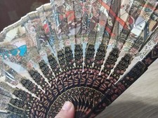 Vintage DAMAGED printed paper, hand-painted wood slats hand fan. Chinese