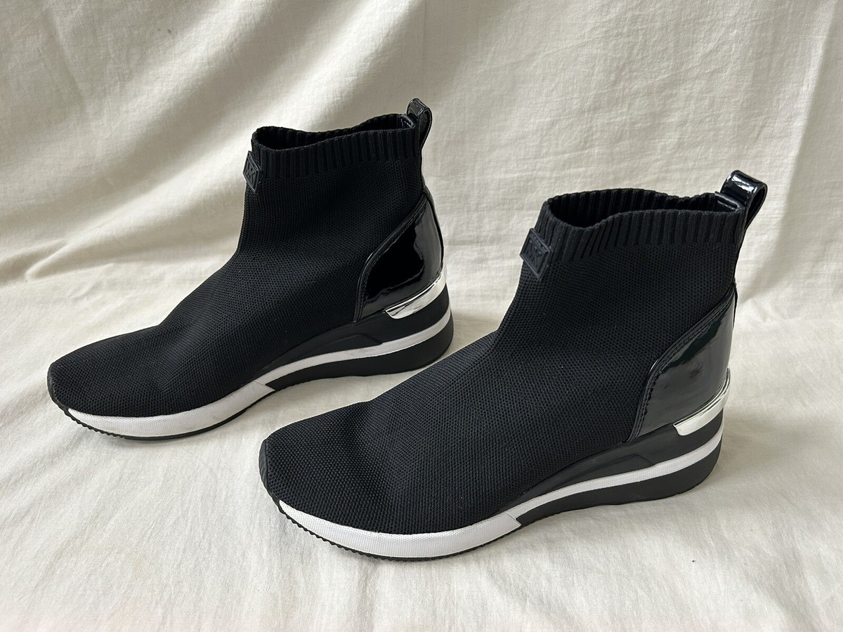 Michael Kors Skyler Bootie Black Soft Knit Patent High Top Wedge Sneakers 